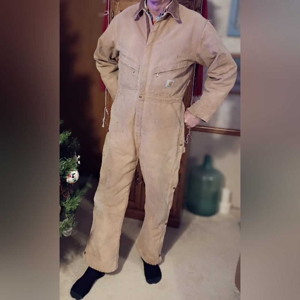 Vintage CARHARTT Tan Zip Up Legs Coveralls Quilted Lined Made USA Sz 44 Large XL